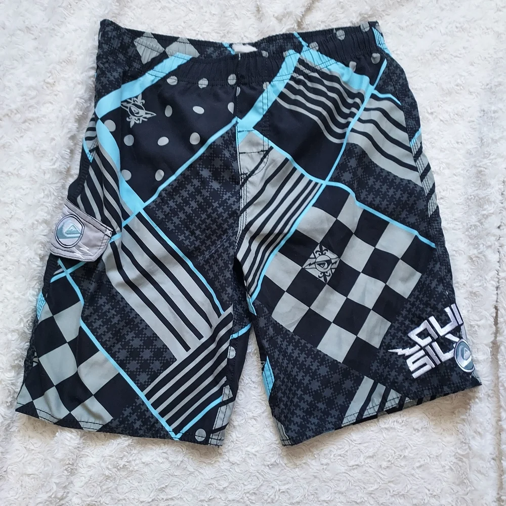Quiksilver Black Gray Graphic Board Swim Trunk Shorts Surf Beach Pool Vacation